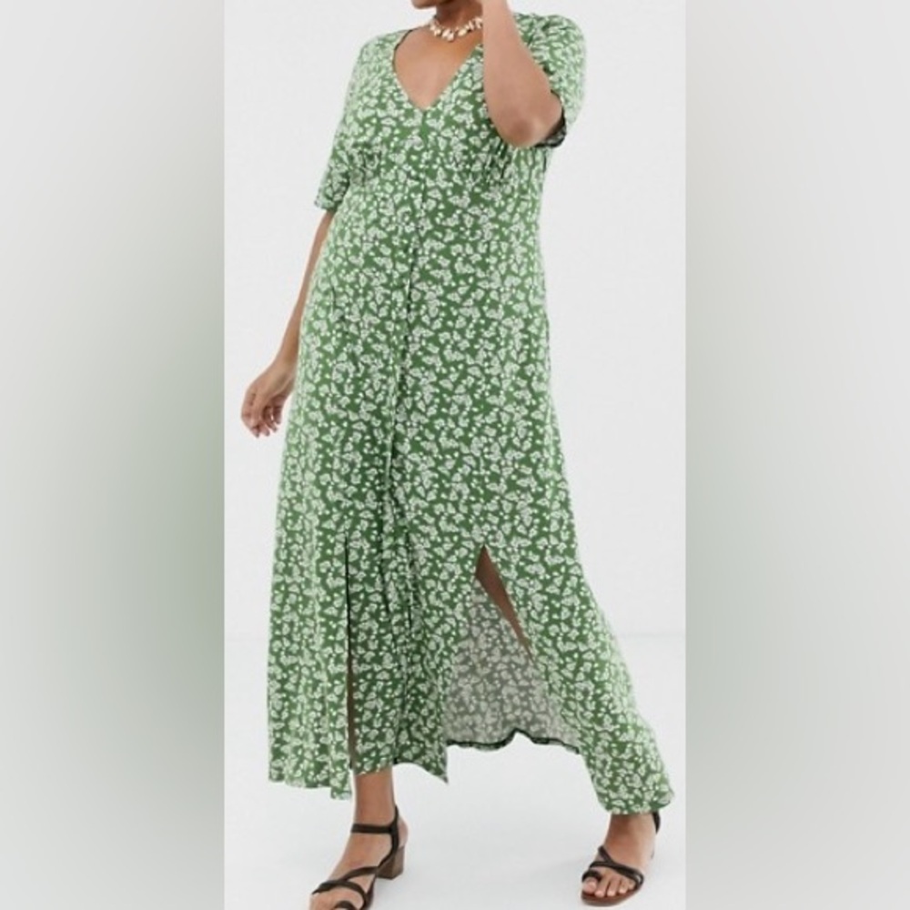 ASOS Curve Ditsy Print V-Neck Tea Dress Green White Flowers Size 18 NWT